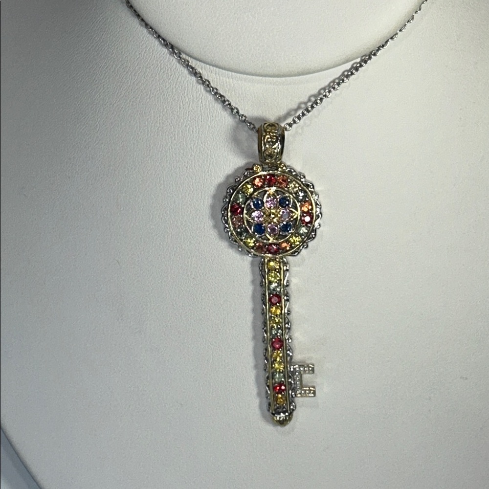 NWOT Gems En Vogue Palladium Sterling Silver Alloy Multi Sapphire Key Necklace